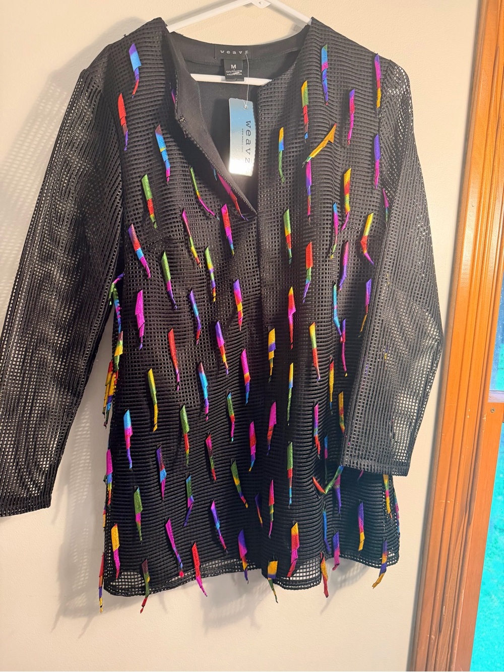 Weavz Black Mesh Tunic with Multicolor Ribbon Accents Sz M